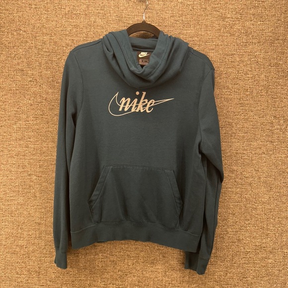 Nike‎ Womans Hoodie Small Center Logo Swoosh Bling Silver Cowl Neck Sweatshirt - Picture 1 of 14